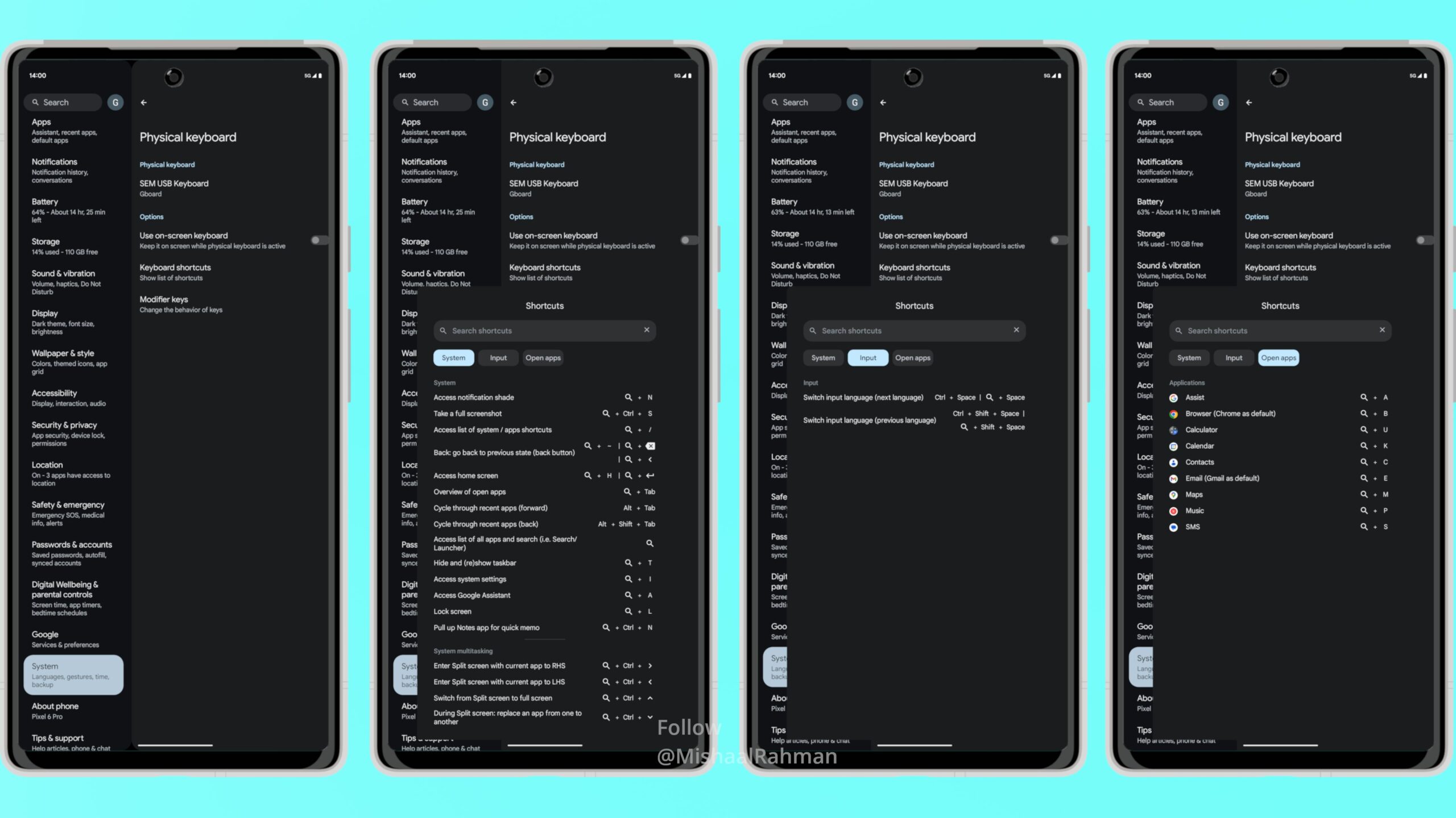 Android 14 new physical keyboard shortcuts